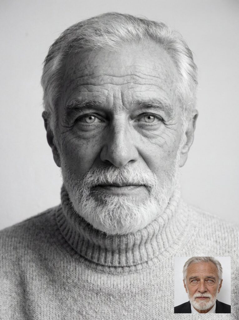 Professionally dressed person sitting against a dark background, wearing a beige blazer and white shirt; a small inset close-up portrait of the same person appears in the bottom right.