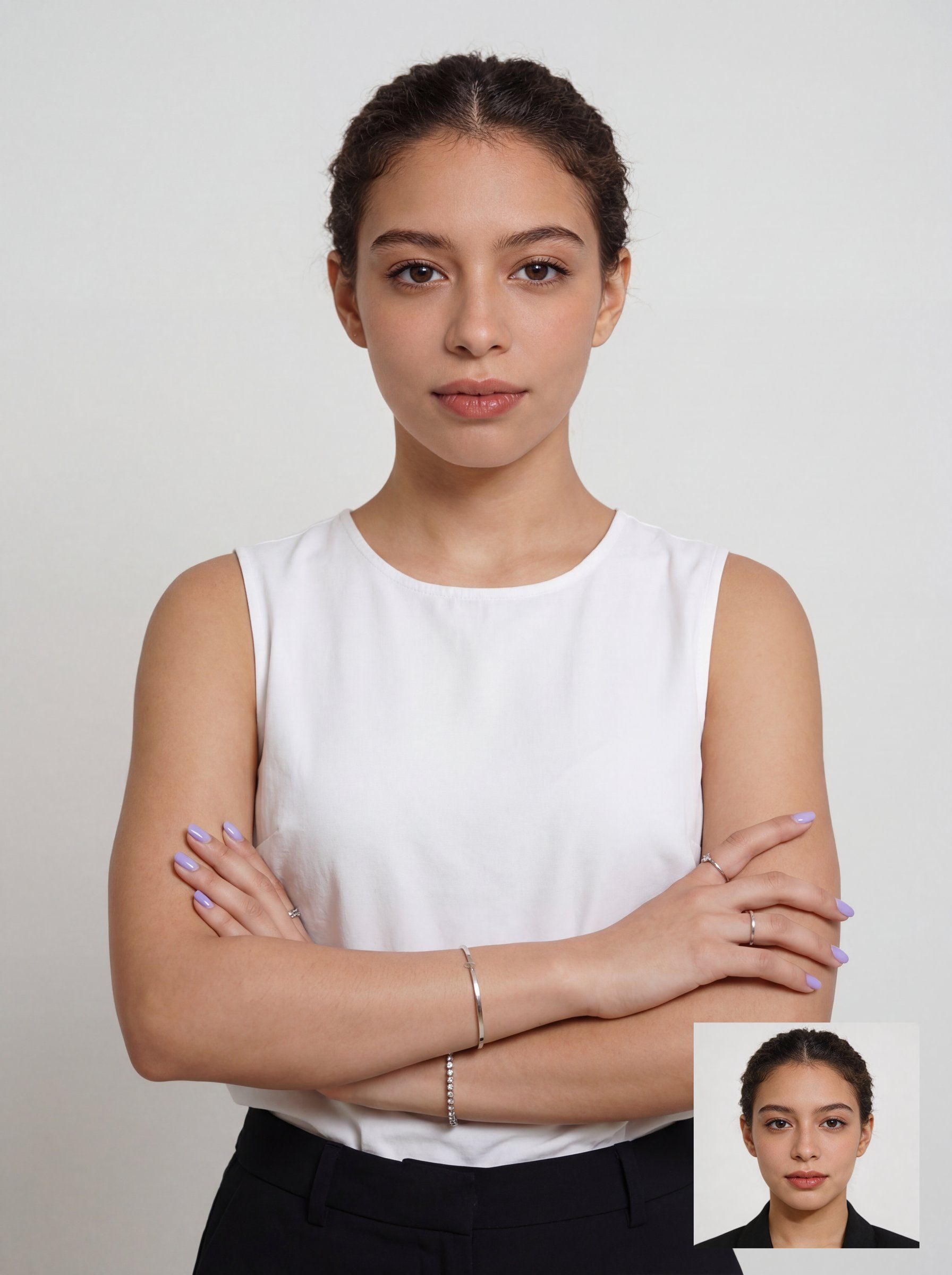 Person standing with arms crossed against a light background, wearing a sleeveless white top and dark pants, with rings, bracelets, and lavender nail polish; a small inset portrait of the same person appears in the bottom right.