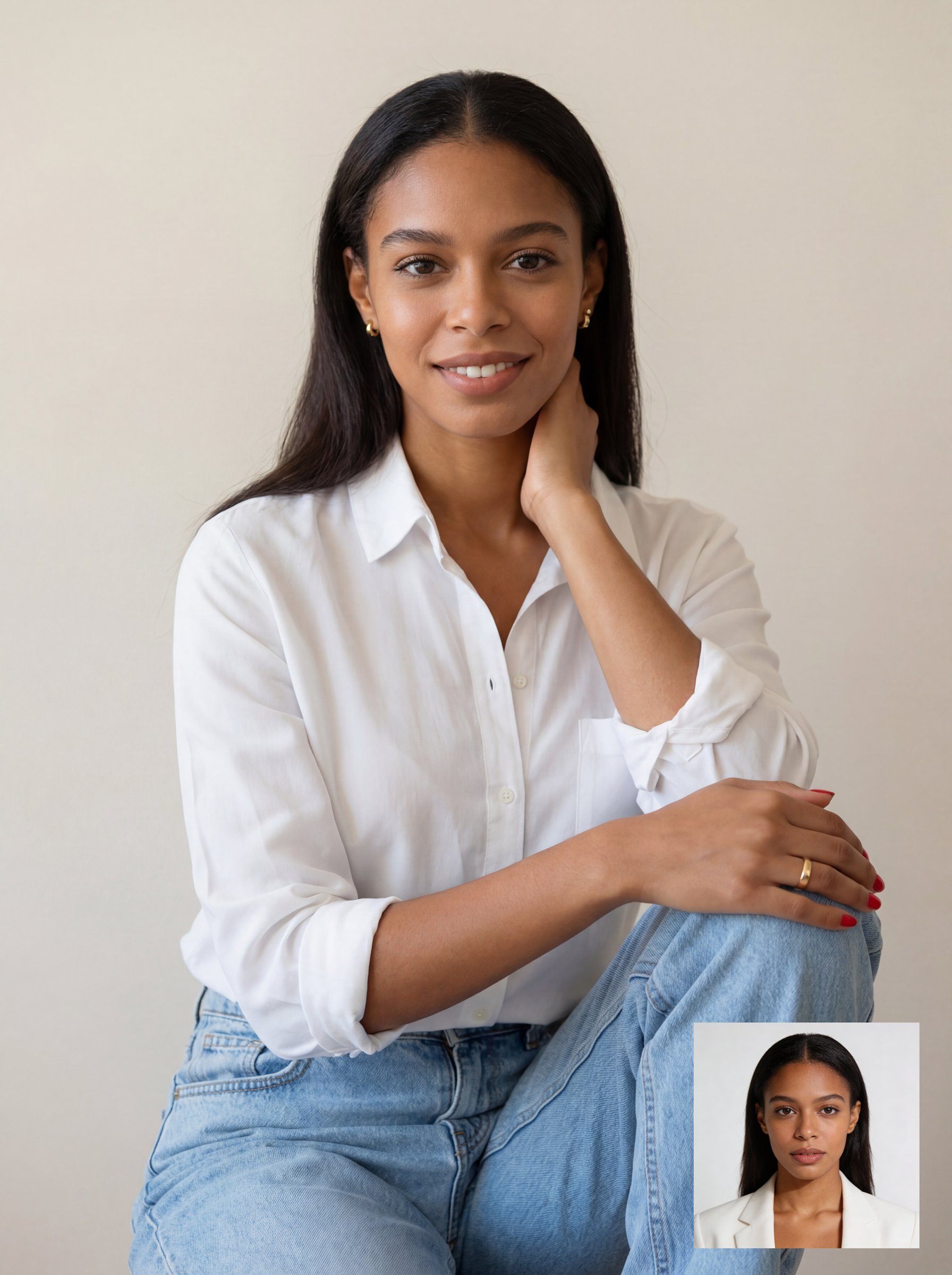 Woman sitting against a light background wearing a white shirt and jeans, with one knee raised and her hand on her neck; a small inset portrait of the same woman appears in the bottom right.