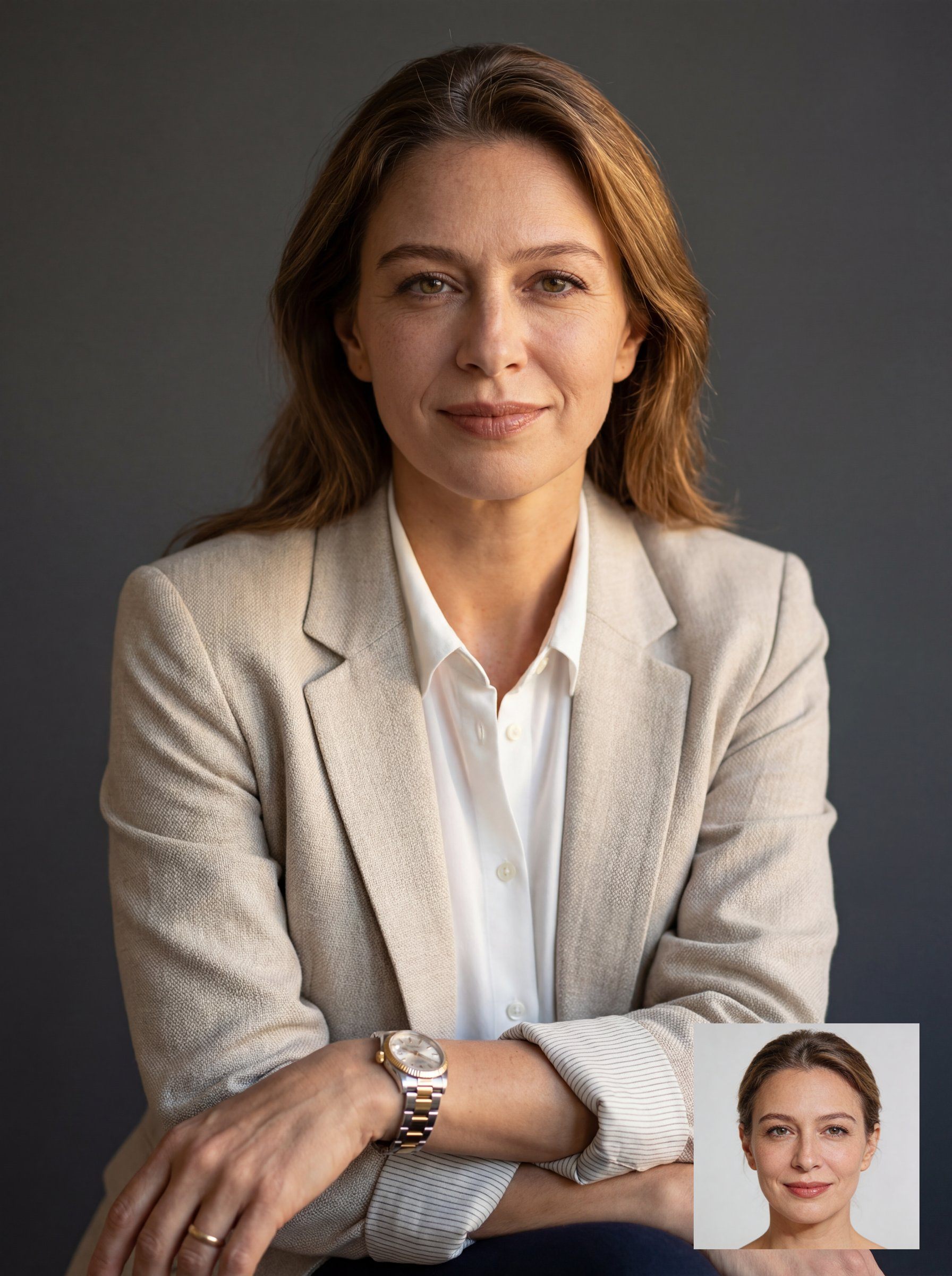 Professionally dressed person sitting against a dark background, wearing a beige blazer and white shirt; a small inset close-up portrait of the same person appears in the bottom right.