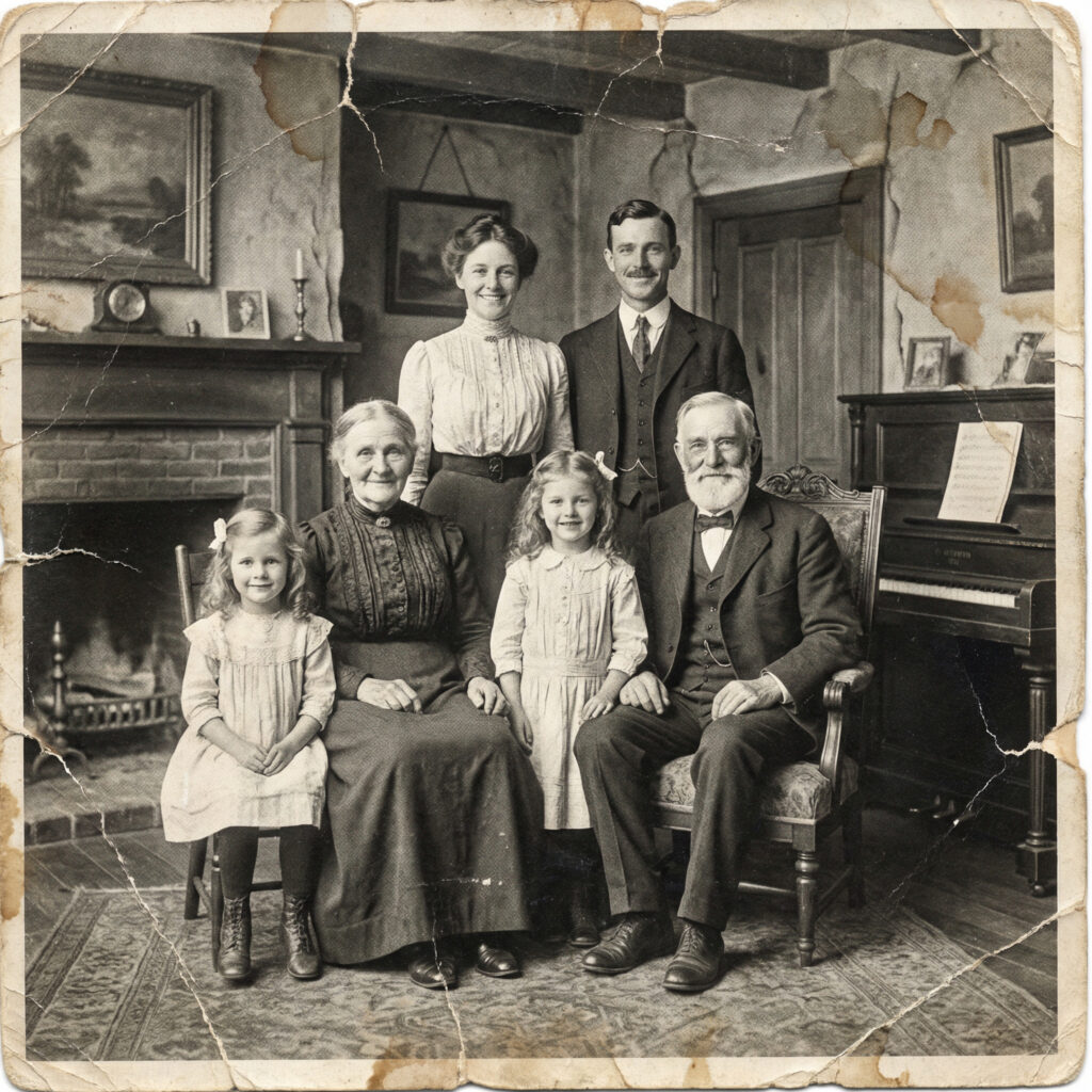 Vintage black‑and‑white family portrait of six people posed indoors, including two young girls seated in front, an elderly couple, and a younger man and woman standing behind them in a room with a fireplace and piano.