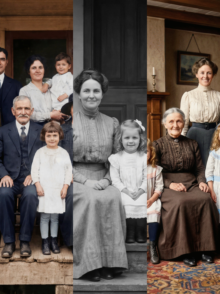 Composite image of three family portraits from different eras, including an early 20th‑century family on a porch, a black‑and‑white portrait of a woman and a girl, and a modern color family photo indoors.
