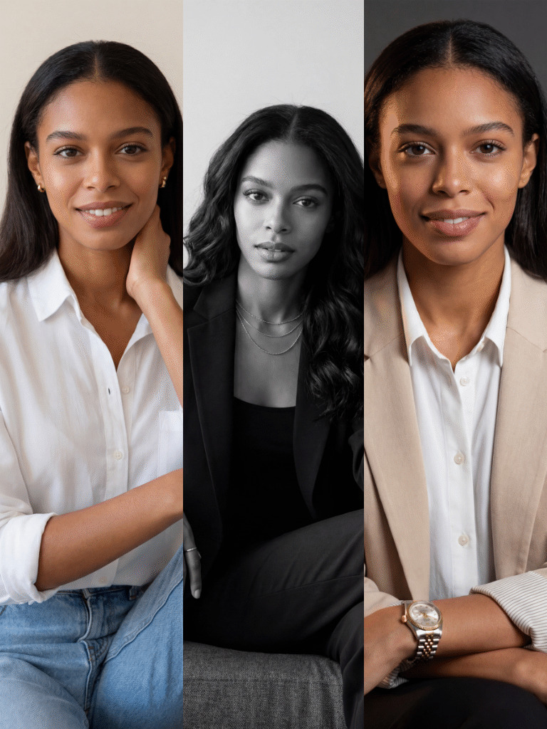 Composite image featuring three portraits of the same person: a casual pose in a white shirt and jeans, a black‑and‑white formal portrait in a black blazer, and a professional portrait in a beige blazer.