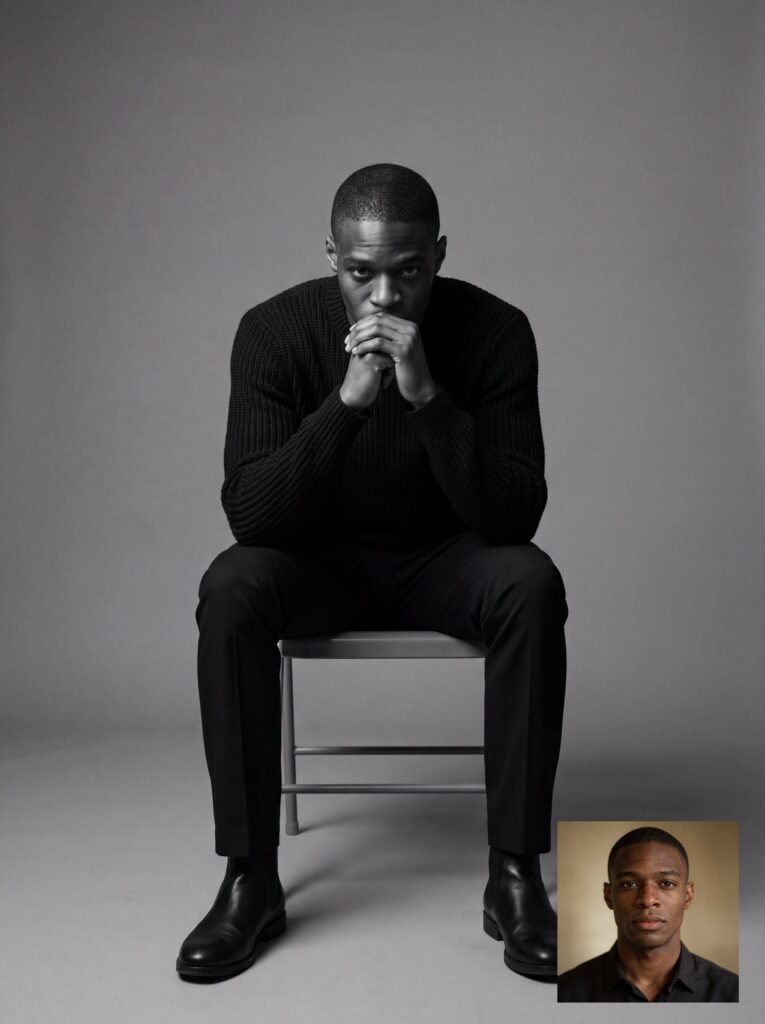 Man sitting on a chair in a black-and-white studio portrait, leaning forward with hands clasped; a small color close-up portrait of the same man appears in the bottom right.