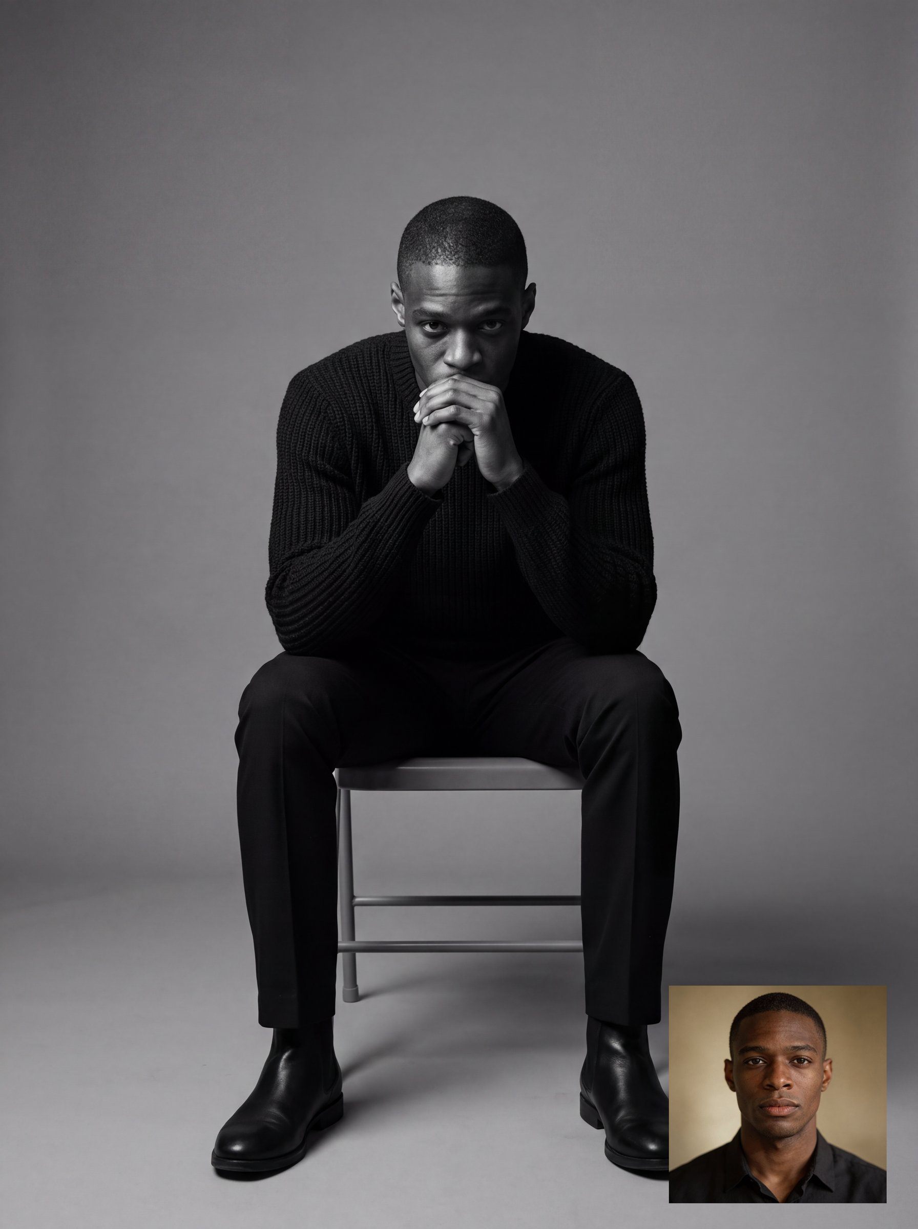Man sitting on a chair in a black-and-white studio portrait, leaning forward with hands clasped; a small color close-up portrait of the same man appears in the bottom right.