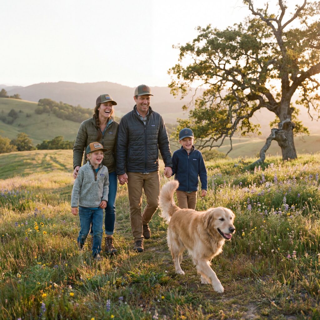 Family of four walking hand‑in‑hand along a grassy path at sunset, with a golden retriever running ahead and rolling hills and a large tree in the background.