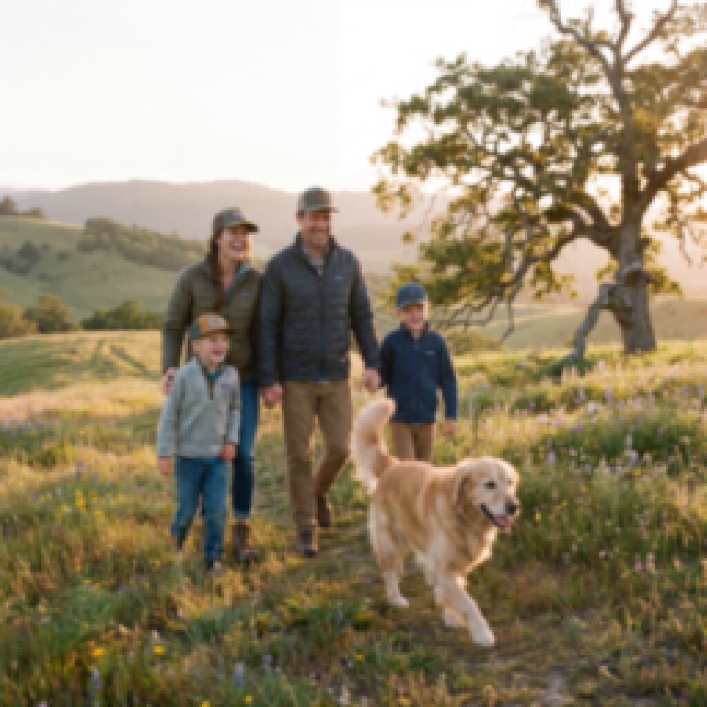 Family of four walking hand‑in‑hand along a grassy path at sunset, with a golden retriever running ahead and rolling hills and a large tree in the background.
