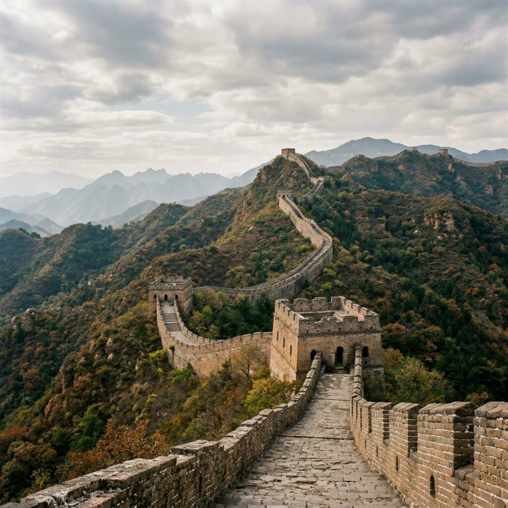 Section of the Great Wall of China winding through green mountainous terrain under a partly cloudy sky.