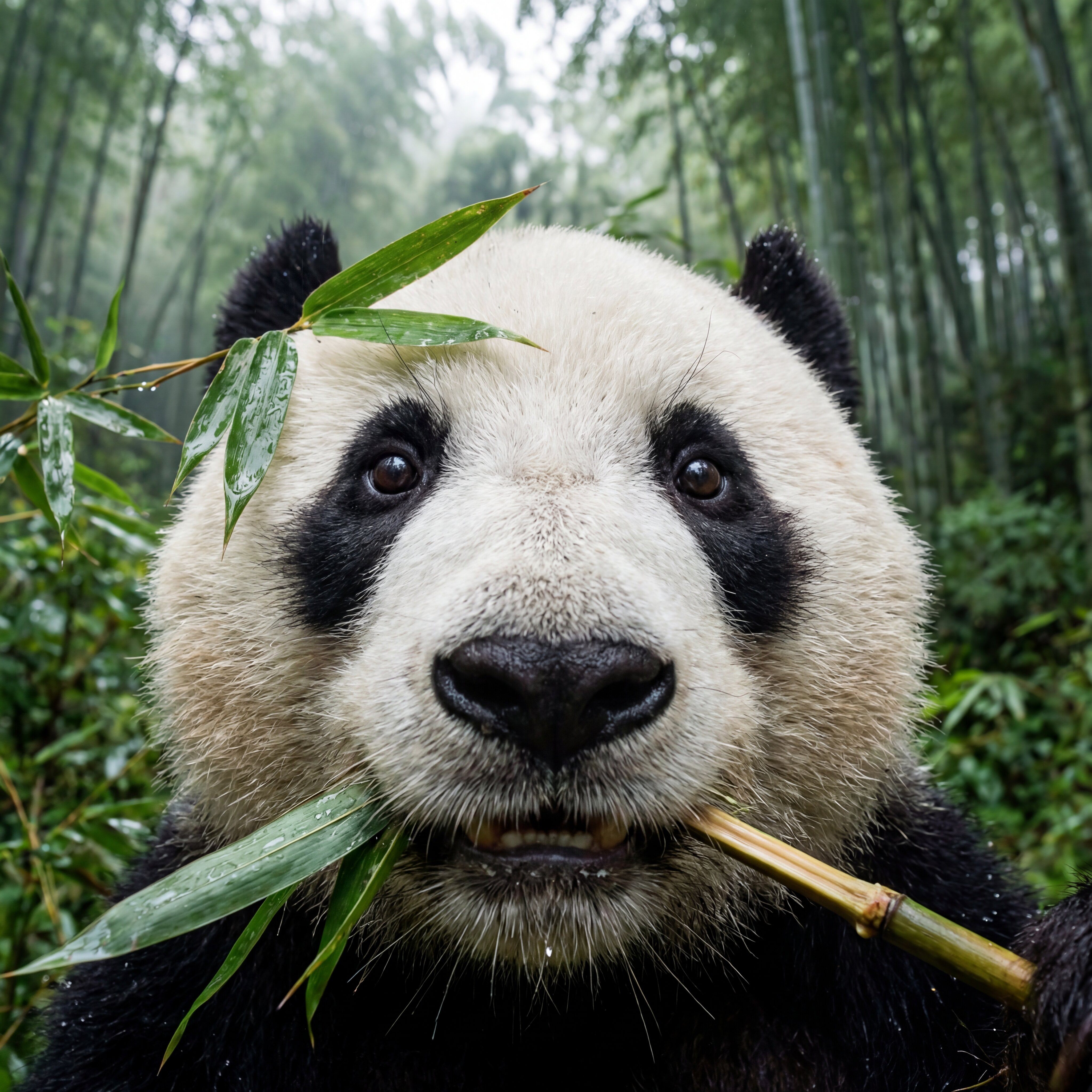 Close-up of a panda facing the camera while chewing bamboo, surrounded by lush green bamboo in a misty forest.