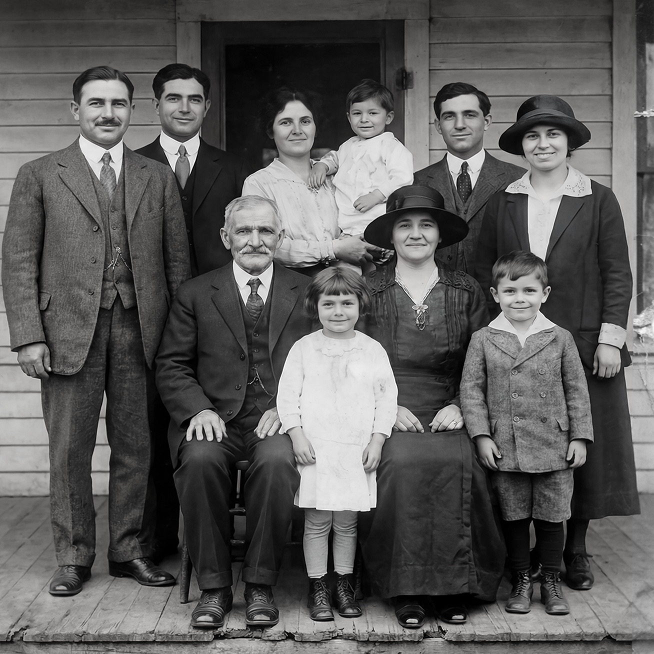 Black‑and‑white family portrait of eleven people on the porch of a wooden house, including adults and children dressed in early 20th‑century clothing.