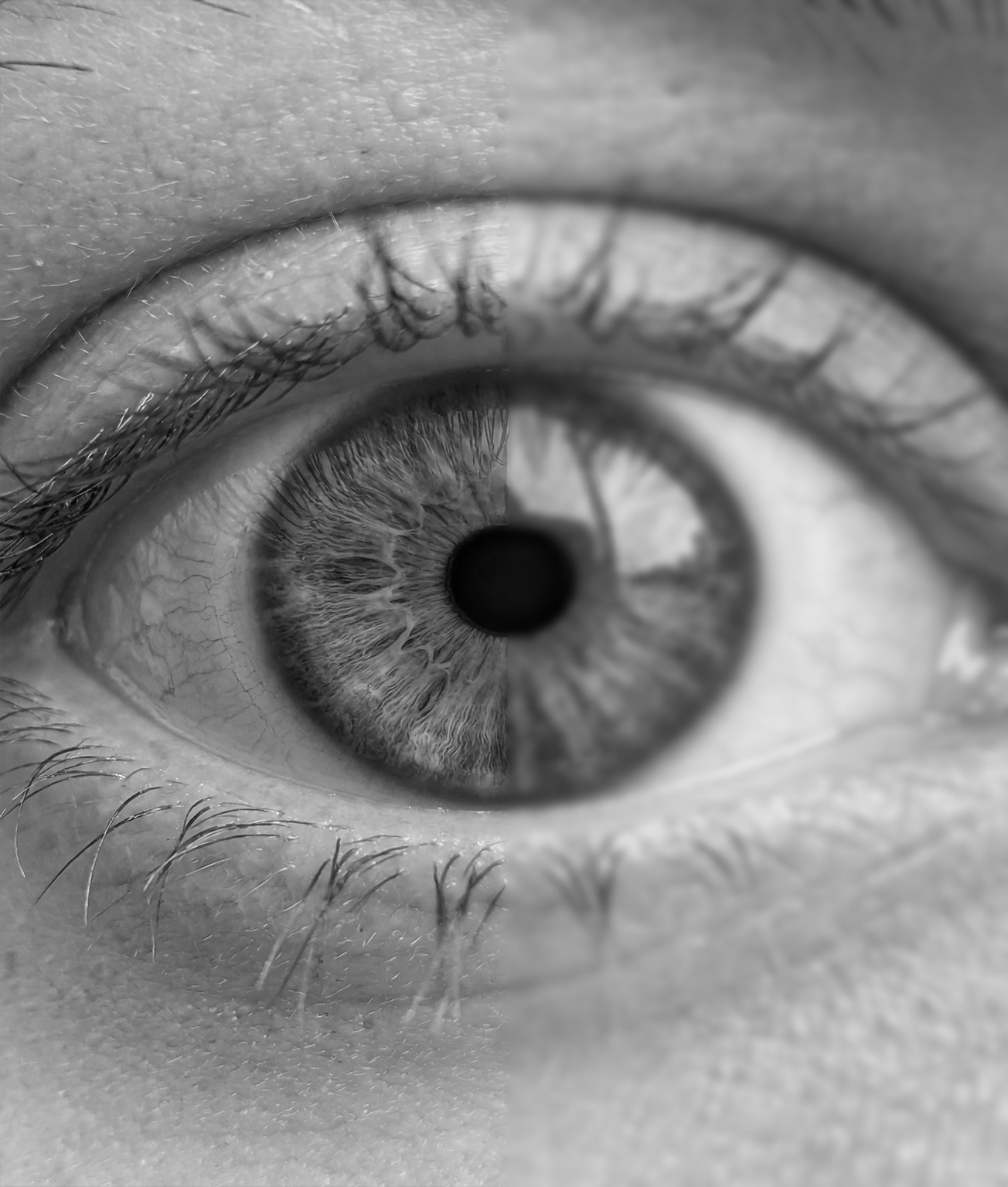 Close-up of a human eye split vertically, with the left side sharp and high‑contrast and the right side softer and smoother.
